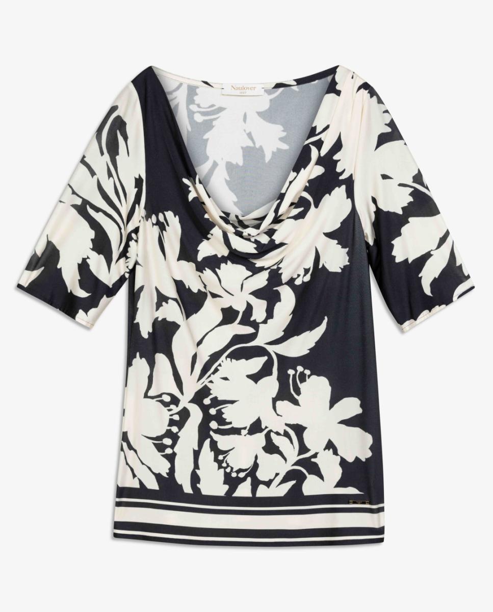 T-shirt de Malha Circular com Decote Drapeado Preto-5