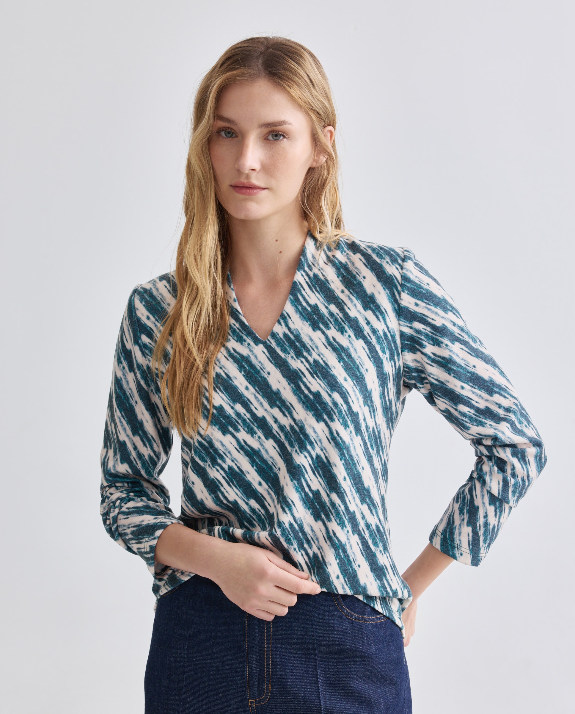 Camisola estampada de mulher com manga comprida Verde-1