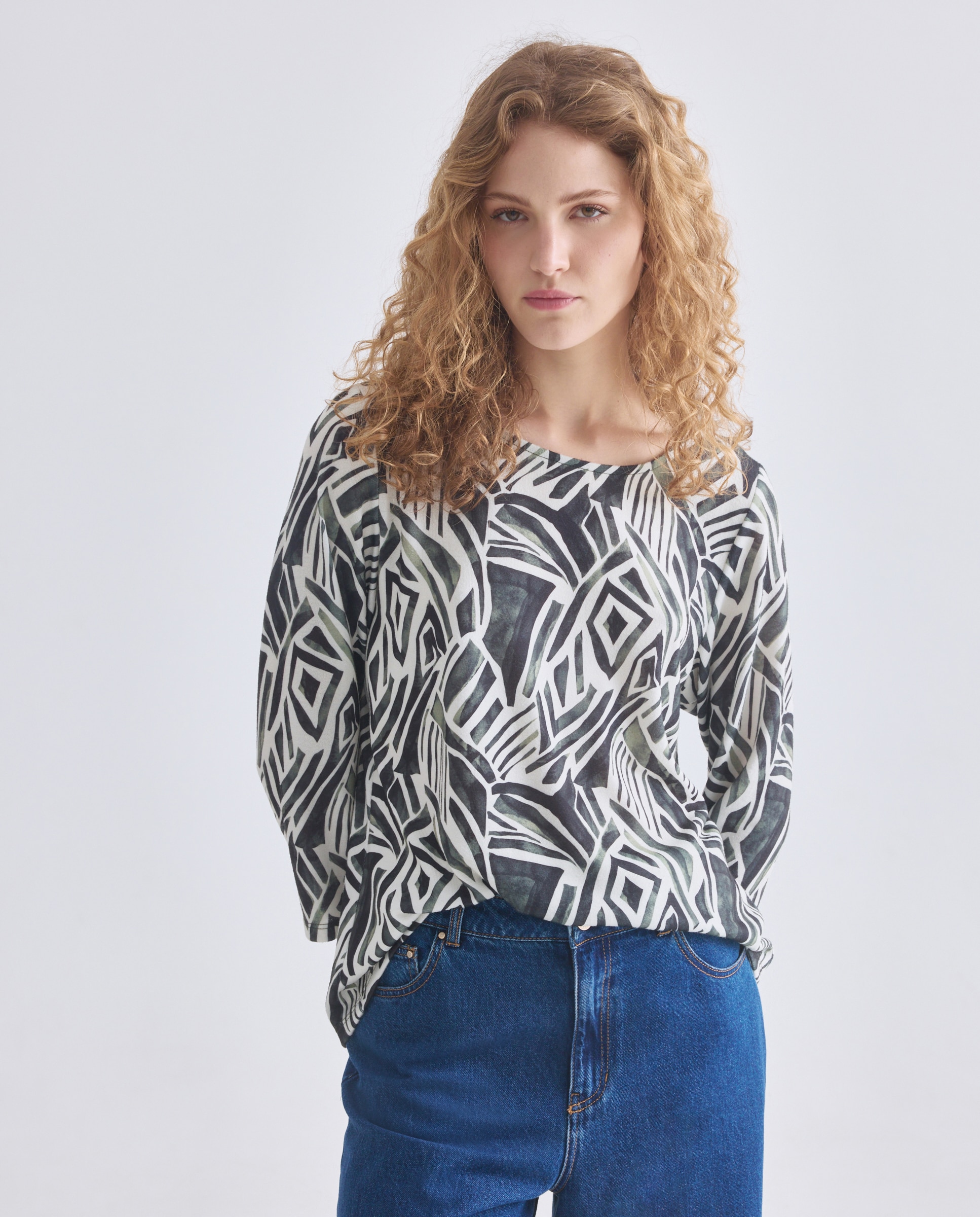 Camisola Estampada com Manga 3/4 Caqui-1