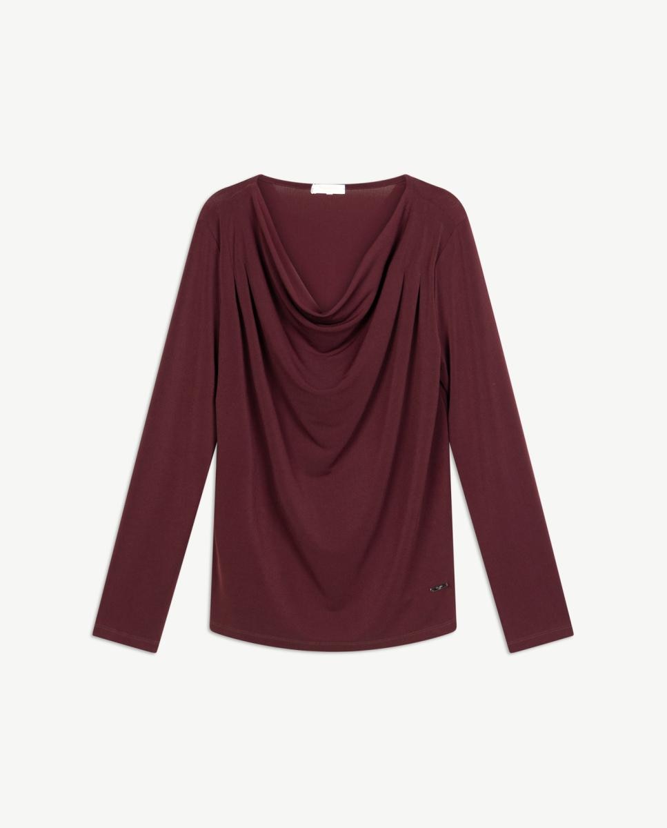 T-shirt com Decote Drapeado Bordeaux-6