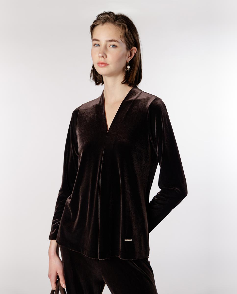 Imagen 1 de Camiseta de mujer de terciopelo con pliegue central - Naulover - Marrón oscuro Marrón oscuro
