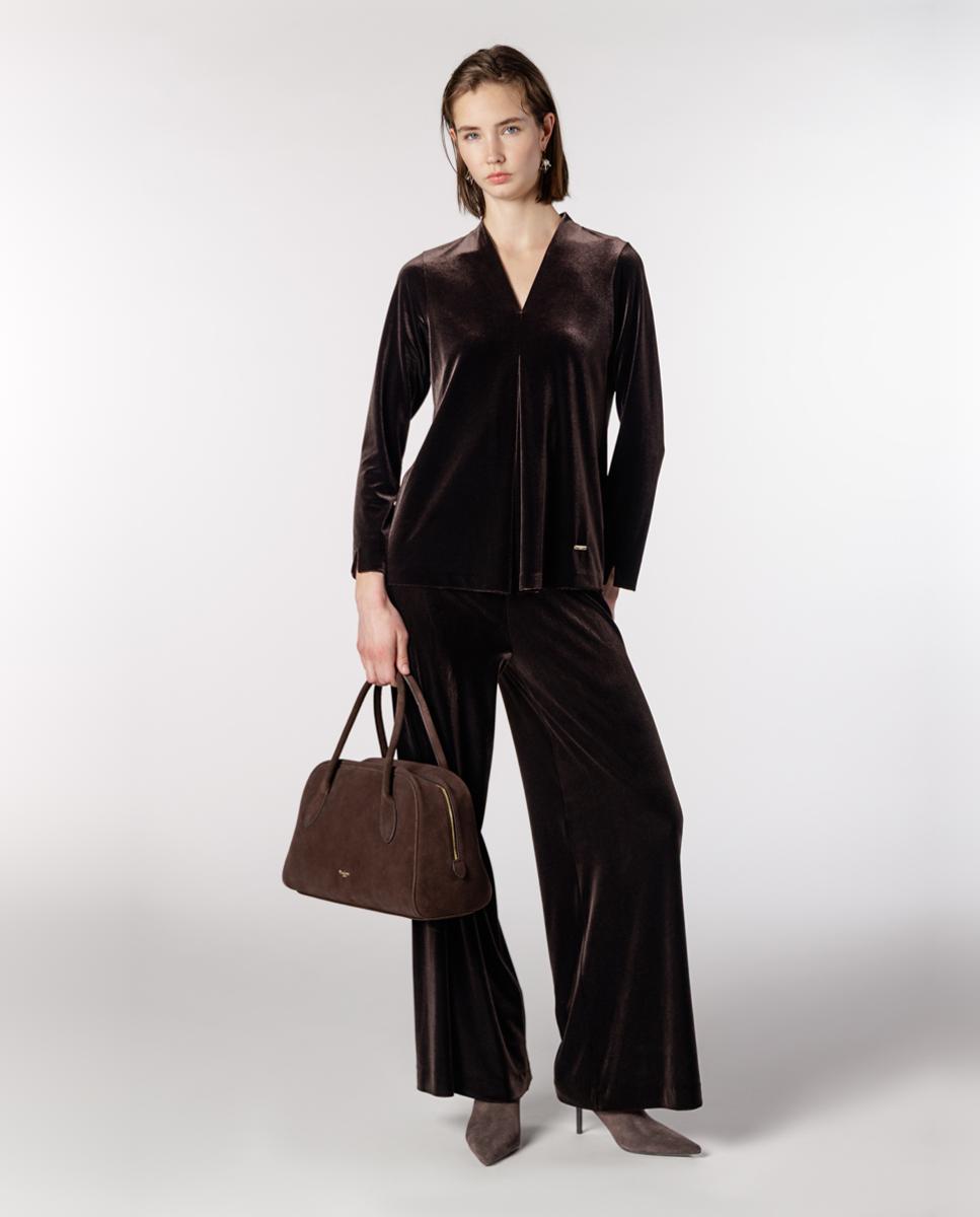 Imagen 3 de Camiseta de mujer de terciopelo con pliegue central - Naulover - Marrón oscuro Marrón oscuro