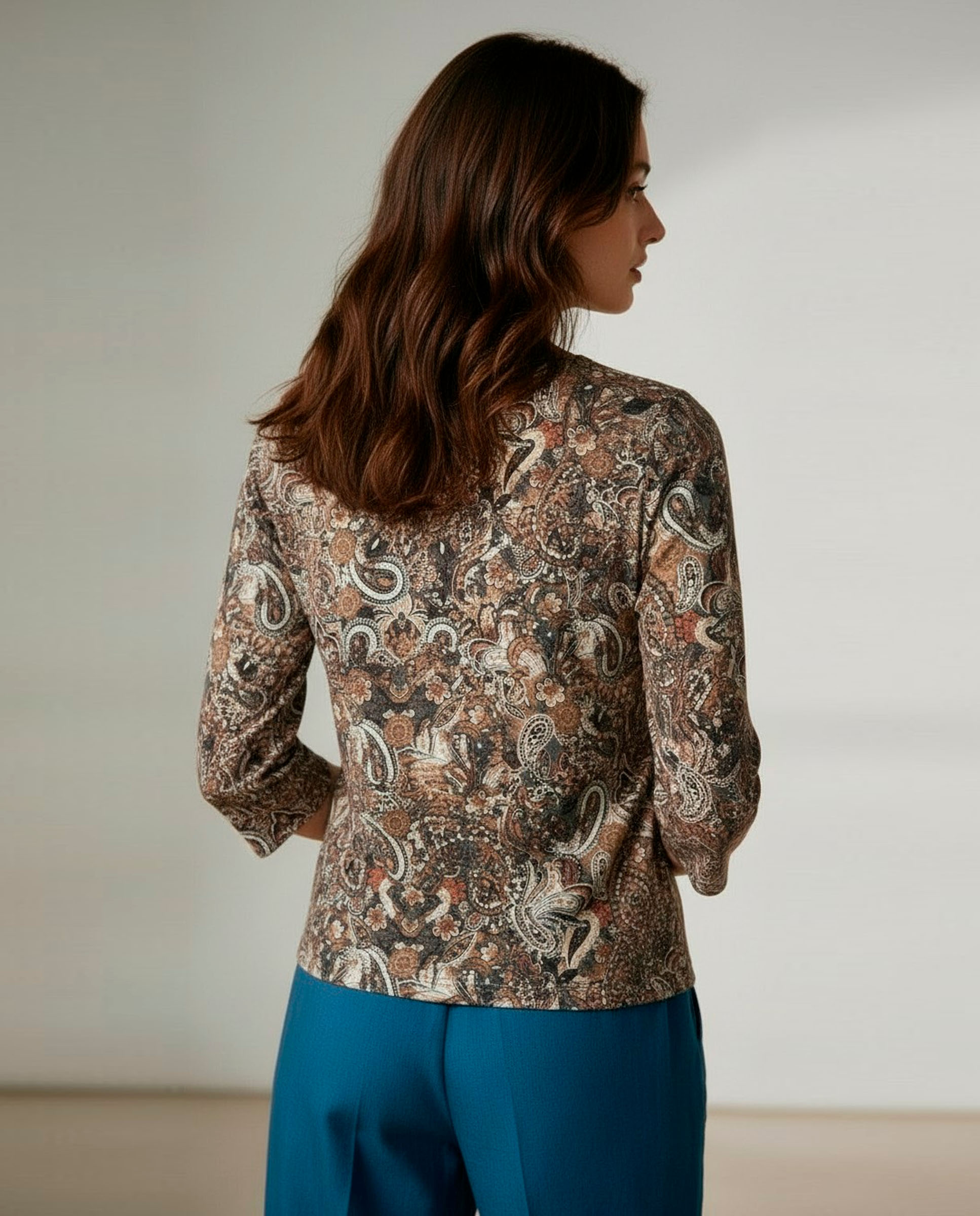 Camisola estampada de mulher com manga 3/4 Castanho-2