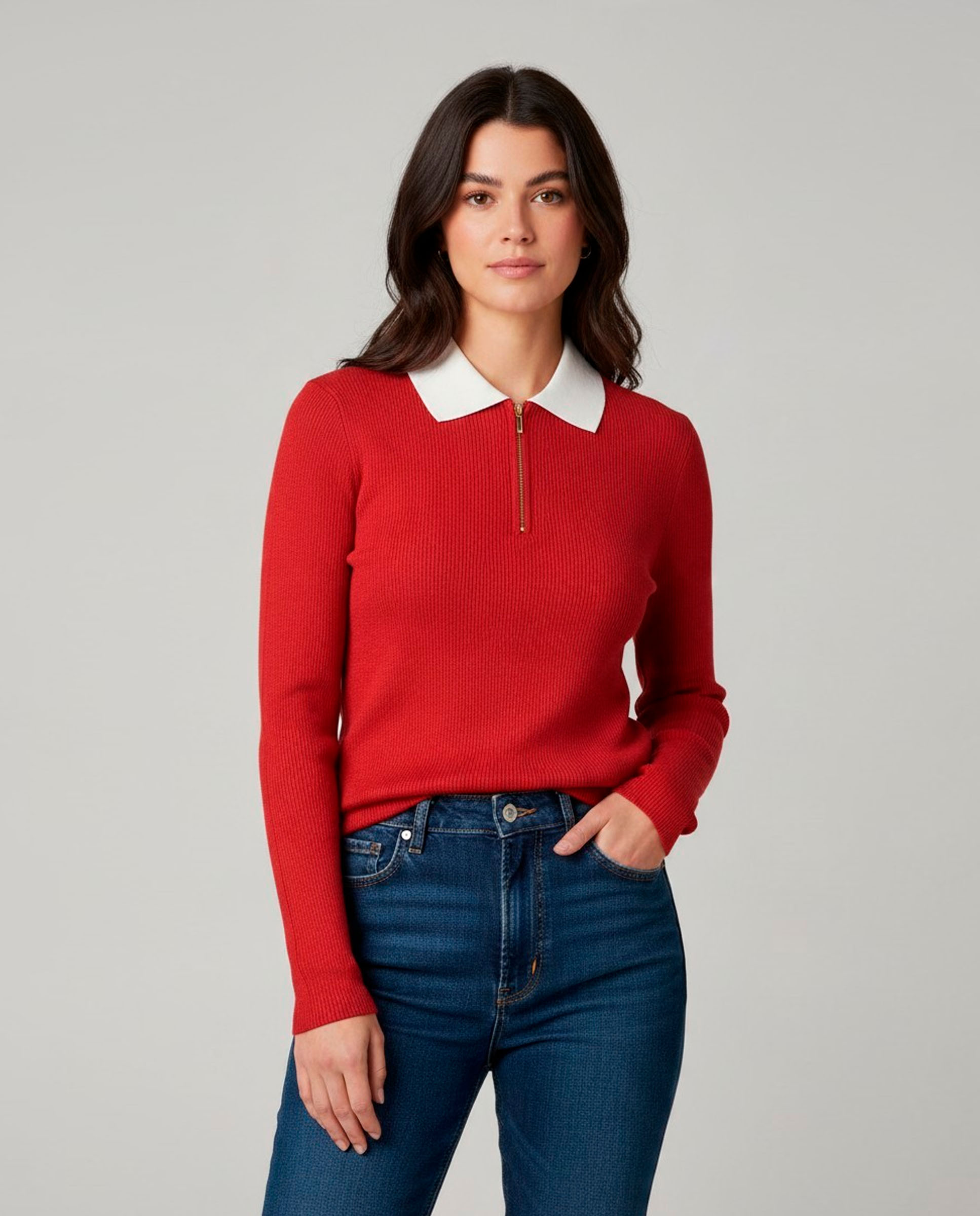 Imagem 1 de Camisola Lisa com Colarinho de Polo e Manga Comprida