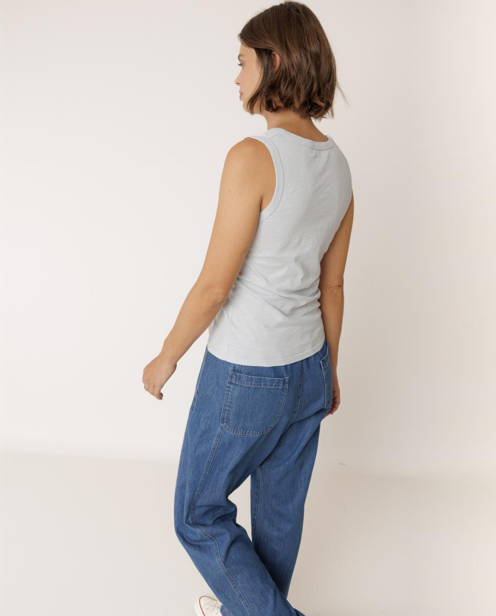 T-shirt com Decote em Bico e sem Mangas Branco-3