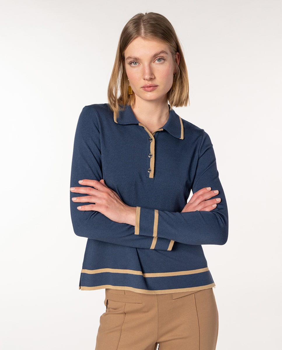 Camisola de Ponto Liso Bicolor com Colarinho de Polo Azul-1