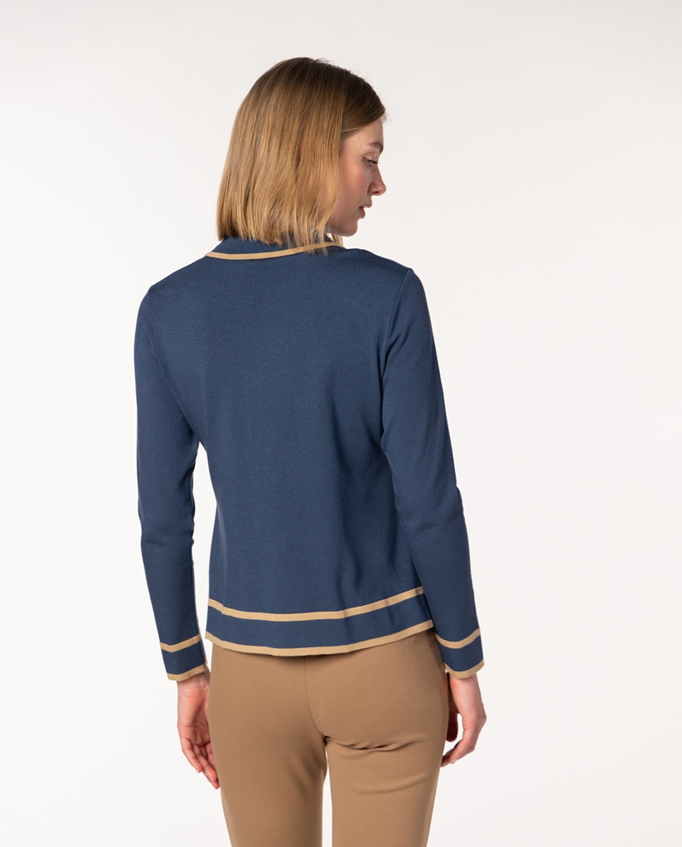 Camisola de Ponto Liso Bicolor com Colarinho de Polo Azul-2