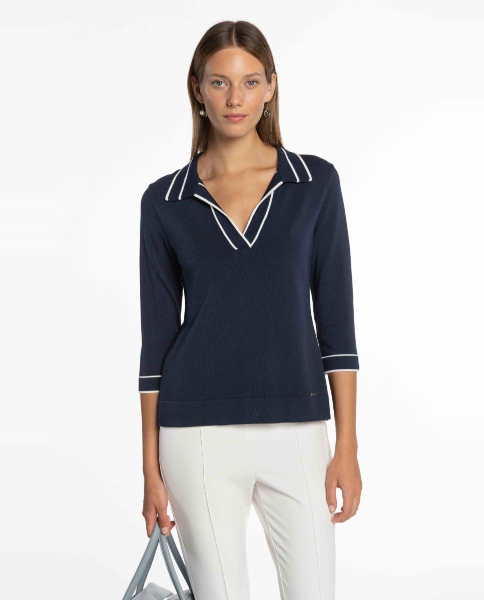 Camisola de Malha com Colarinho de Polo. Azul-marinho-1