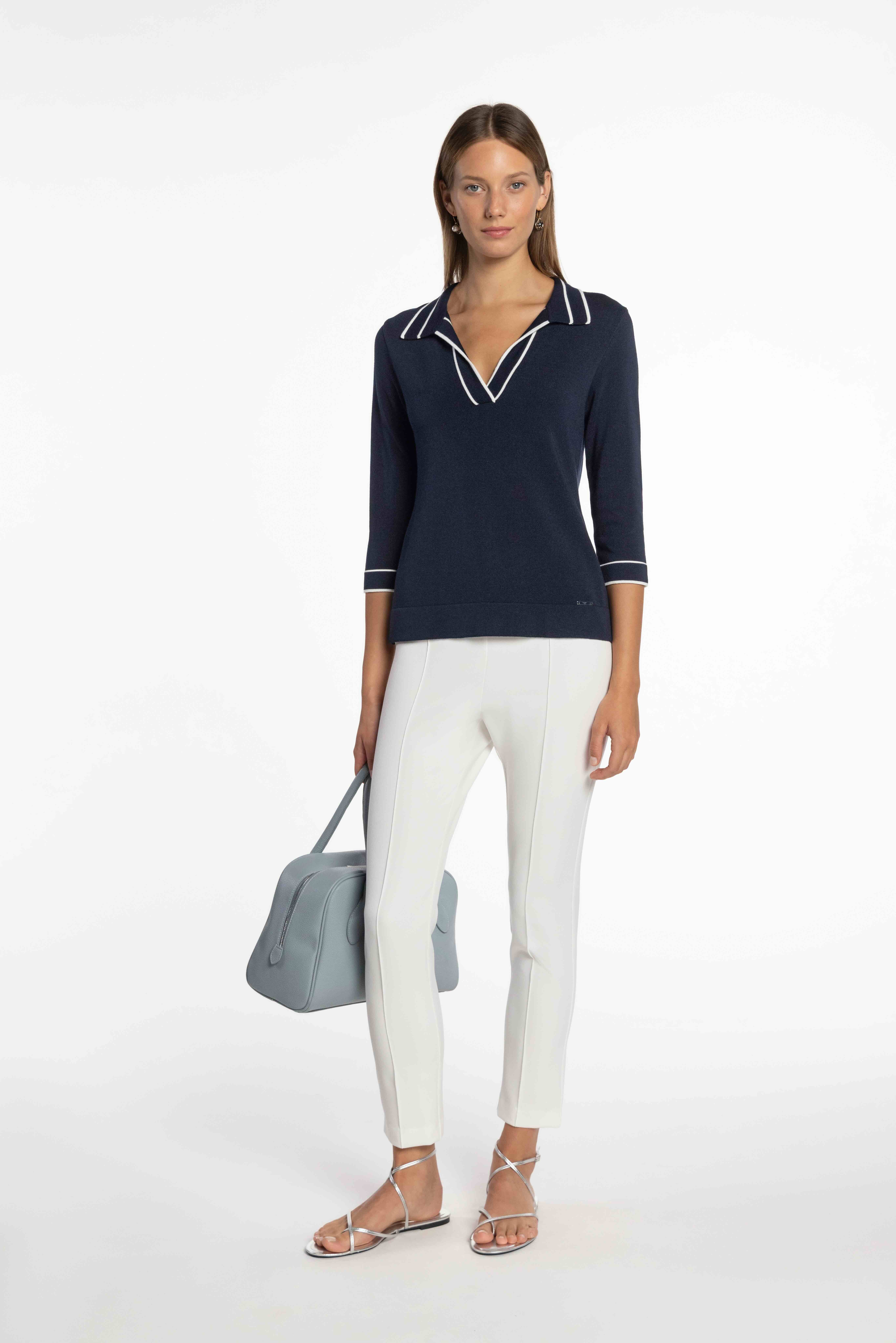 Camisola de Malha com Colarinho de Polo. Azul-marinho-7