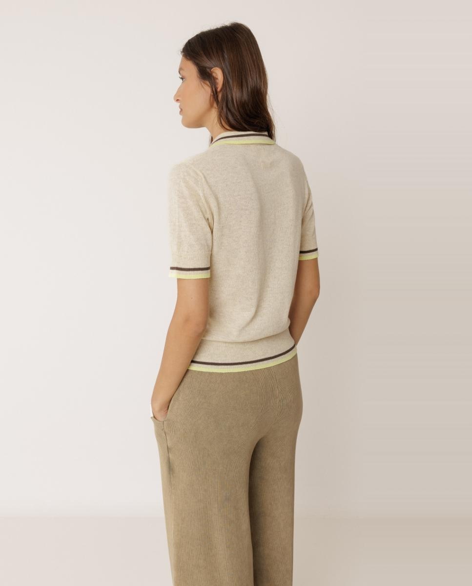 Camisola de Malha com Colarinho de Camisa e Manga Curta Bege-3