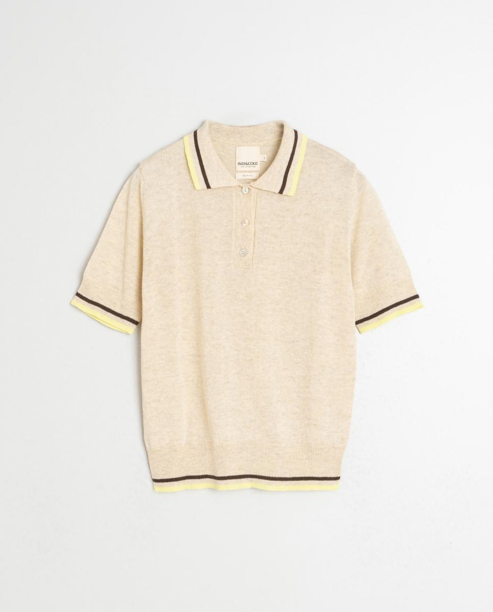 Camisola de Malha com Colarinho de Camisa e Manga Curta Bege-4