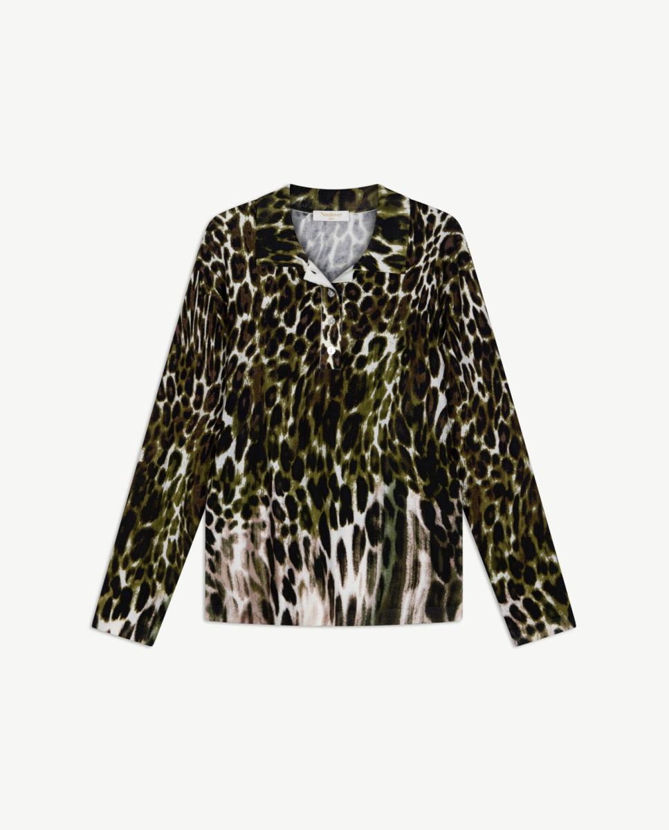 Camisola de Malha Tipo Polo com Animal Print Verde pardo-5