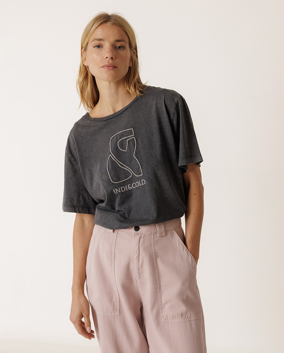 T-shirt de mulher com decote redondo e manga curta Preto-2