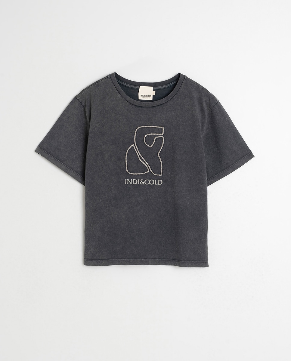 T-shirt de mulher com decote redondo e manga curta Preto-4