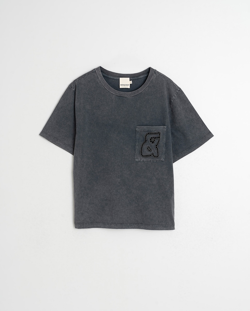 T-shirt de mulher com decote redondo e manga curta Preto-4