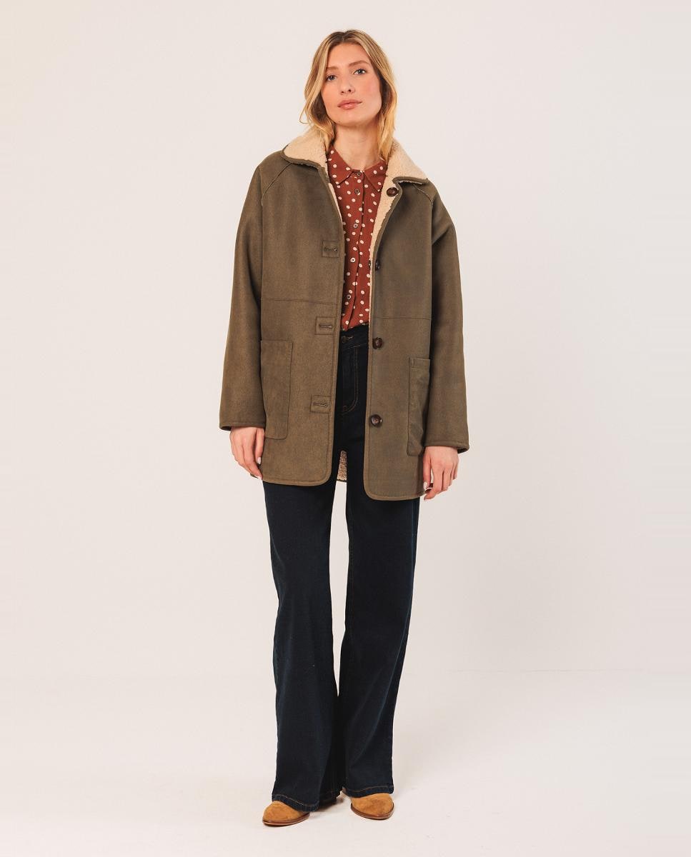 Sobretudo com Manga Comprida de Dupla Face Caqui-3