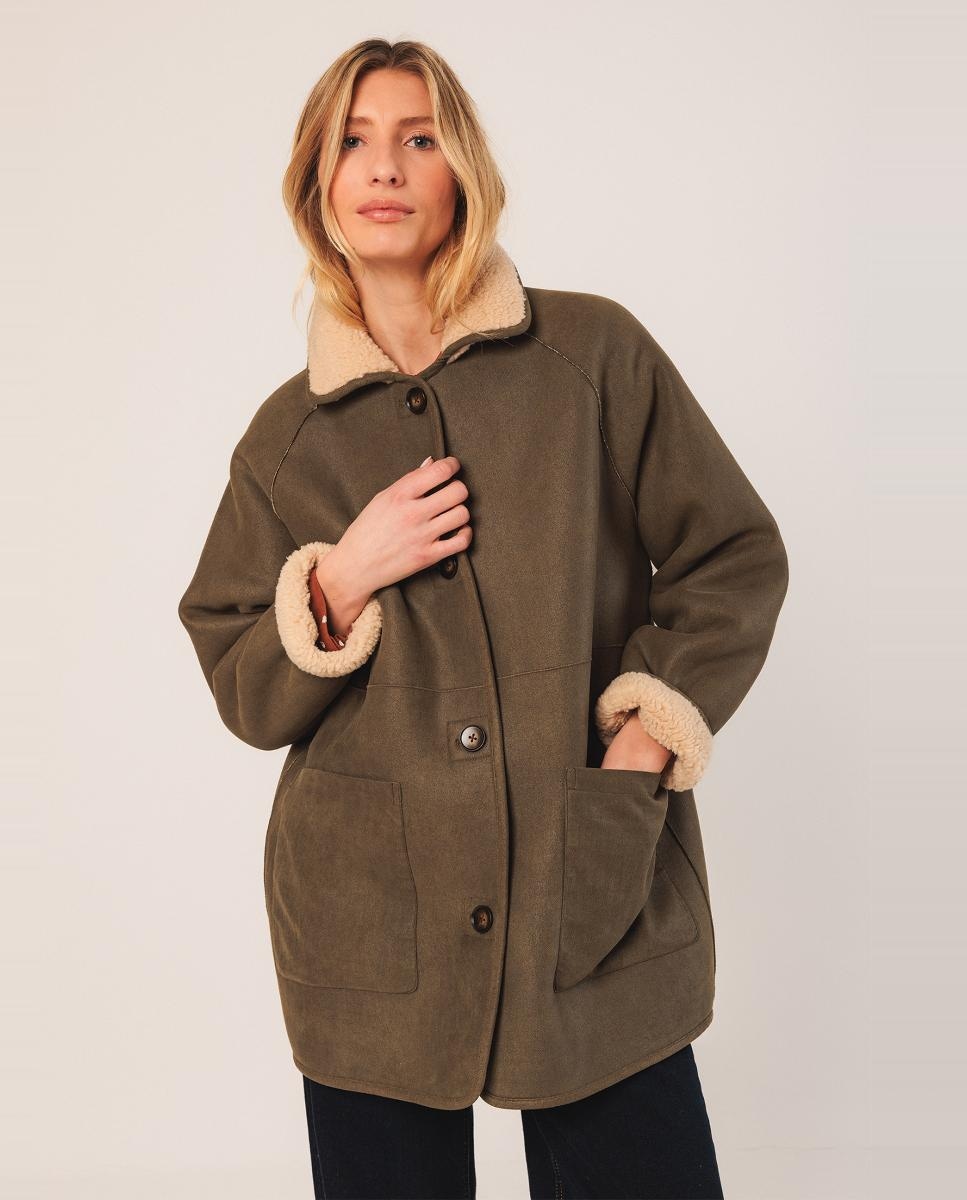 Sobretudo com Manga Comprida de Dupla Face Caqui-4