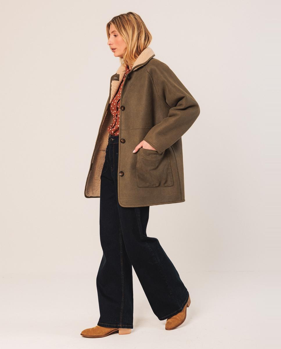 Sobretudo com Manga Comprida de Dupla Face Caqui-5