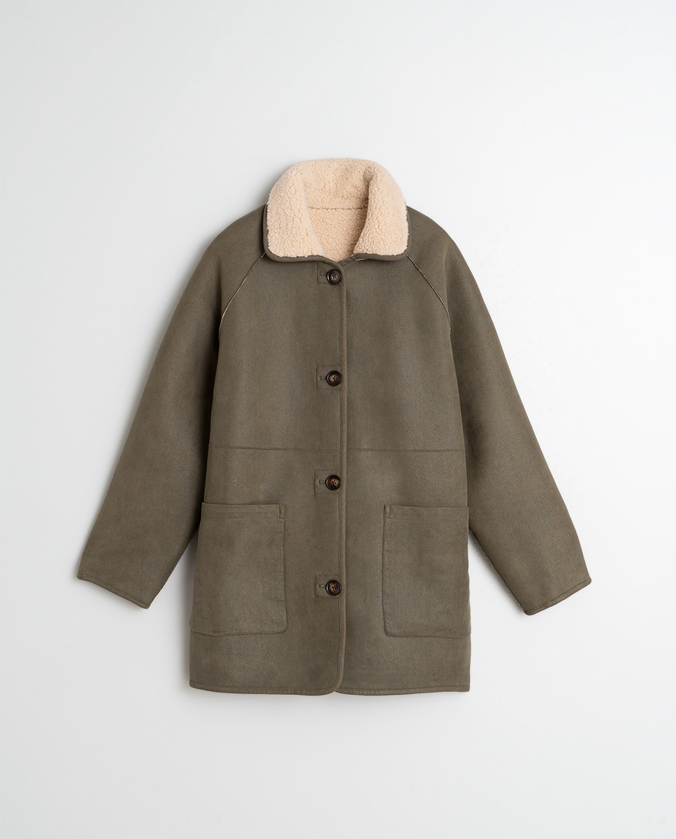 Sobretudo com Manga Comprida de Dupla Face Caqui-6