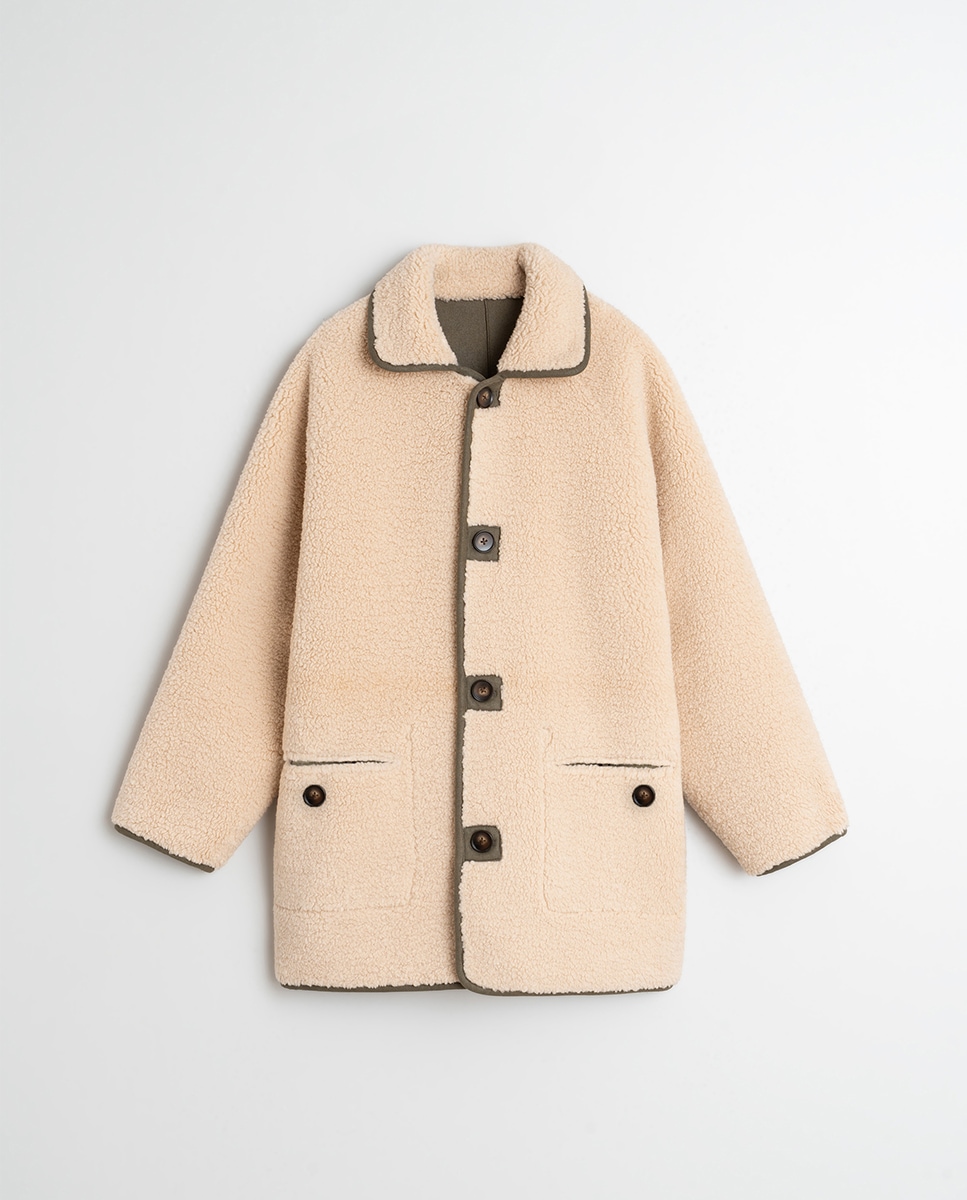 Sobretudo com Manga Comprida de Dupla Face Caqui-7