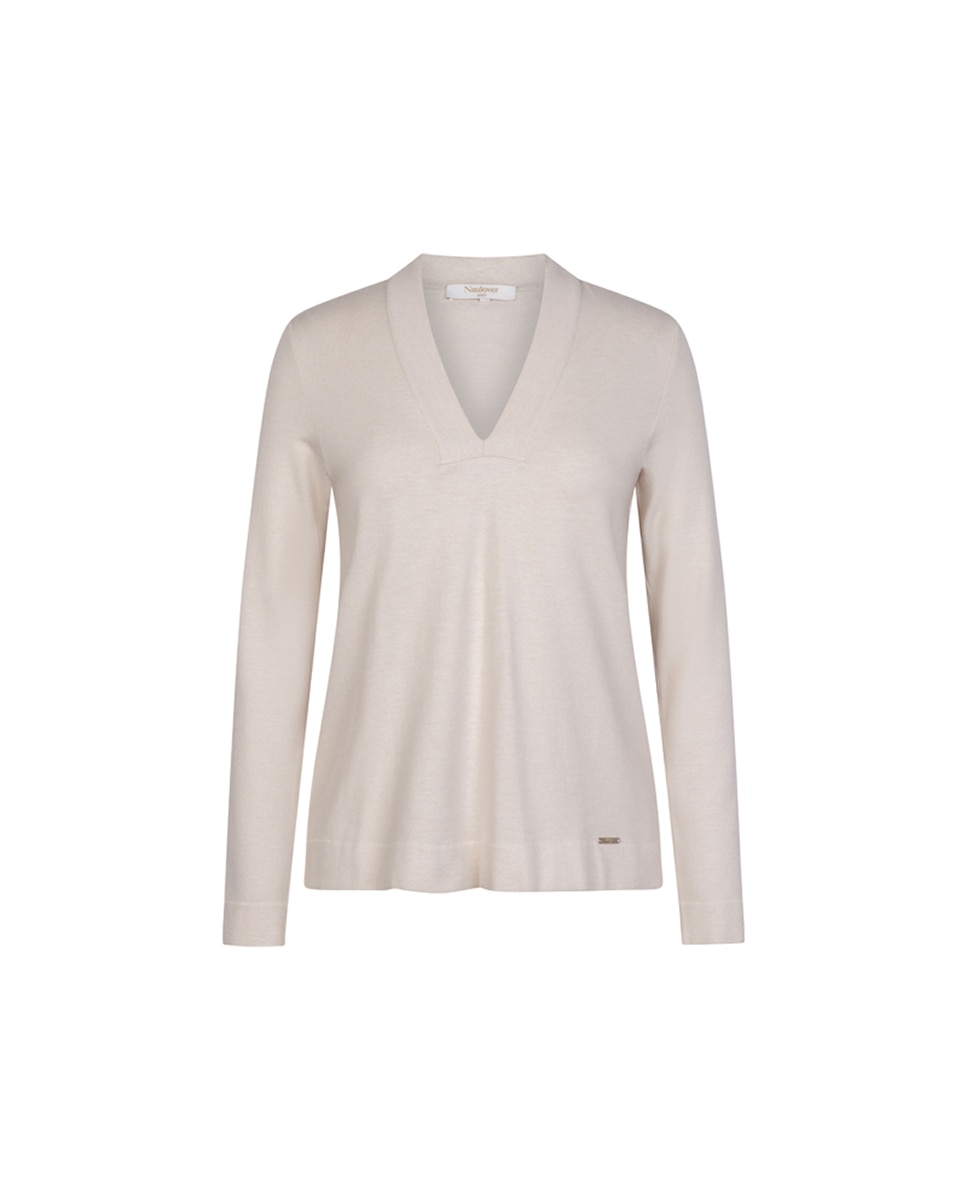 Camisola de Ponto Liso de Lã com Decote em Bico. Bege-6