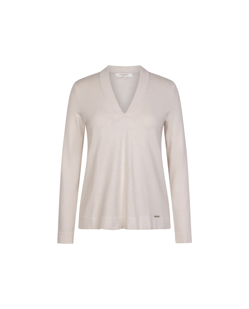 Camisola de Ponto Liso de Lã com Decote em Bico. Bege-6