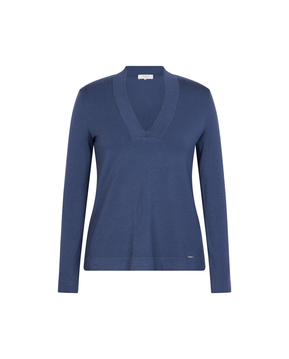 Camisola de Ponto Liso de Viscose com Decote em Bico. Azul-6
