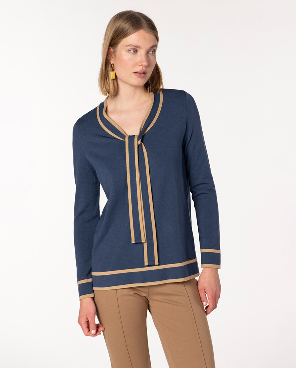 Camisola de Ponto Liso Bicolor com Laço Azul-1