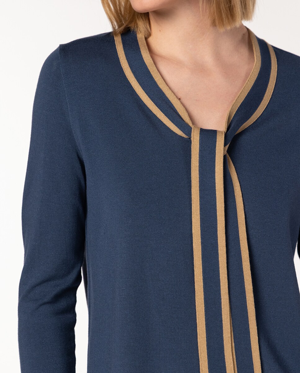 Camisola de Ponto Liso Bicolor com Laço Azul-3