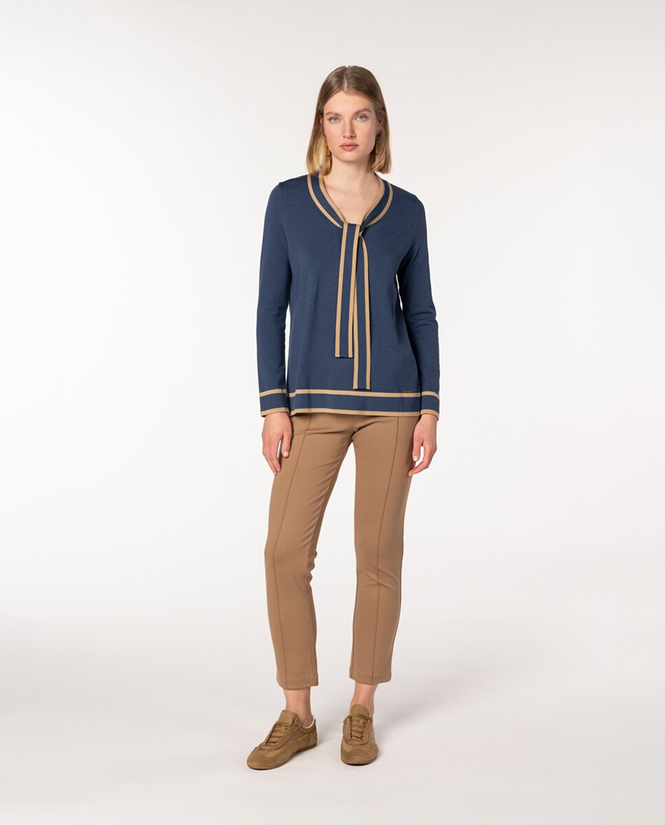 Camisola de Ponto Liso Bicolor com Laço Azul-4