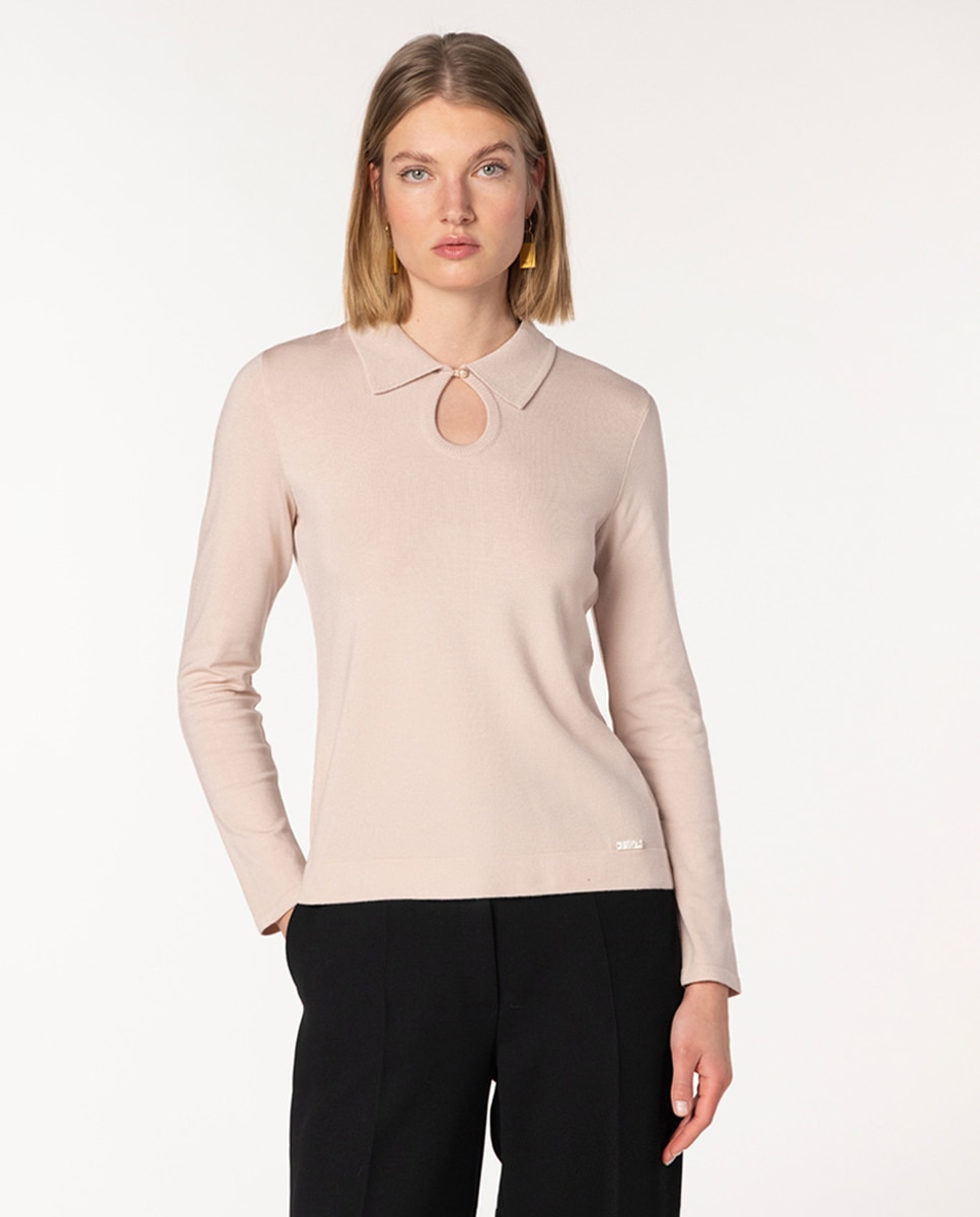 Camisola de Colarinho de Polo com Lágrima Rosa-claro-1