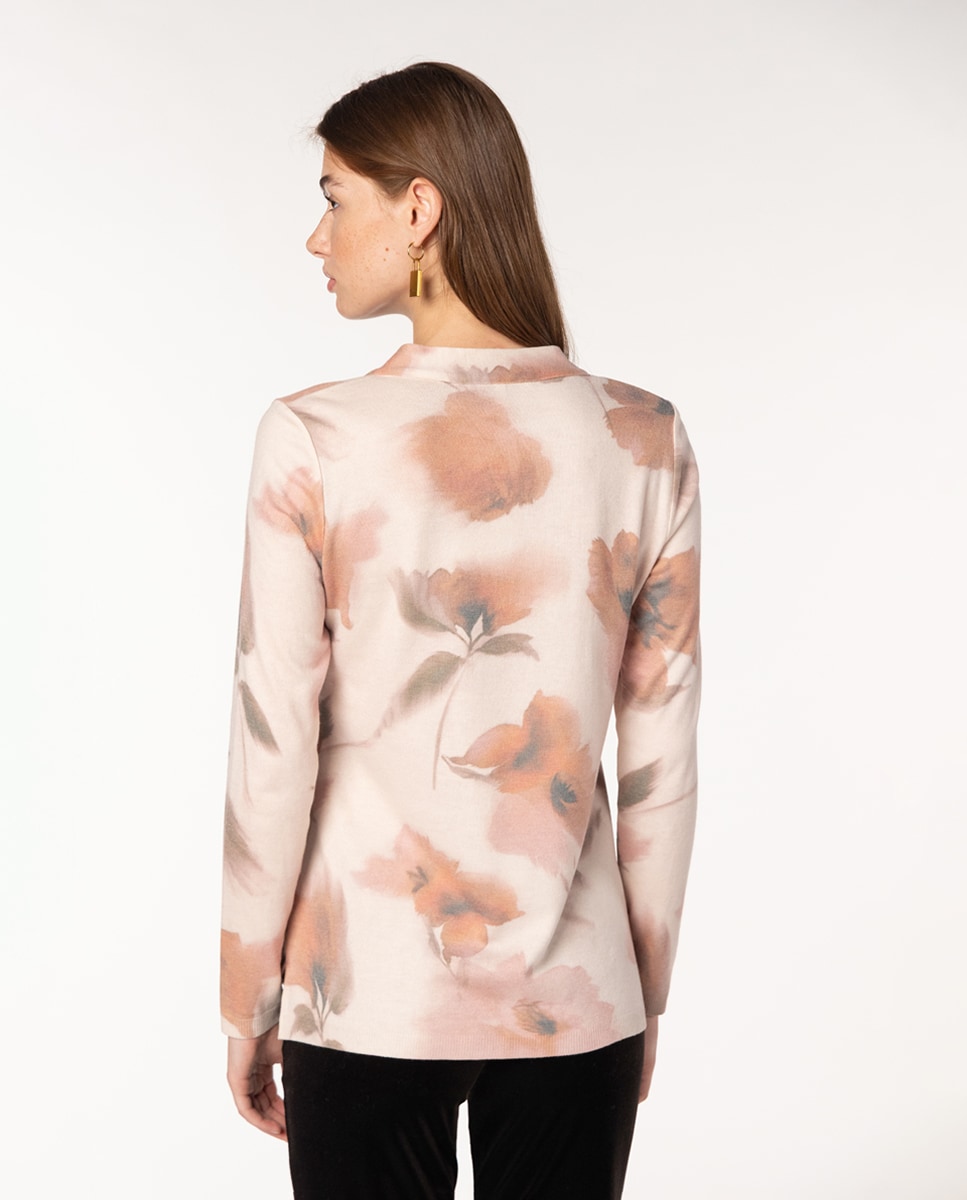 Camisola de Estampado Pied-de-Poule com Decote de Nó Rosa-2