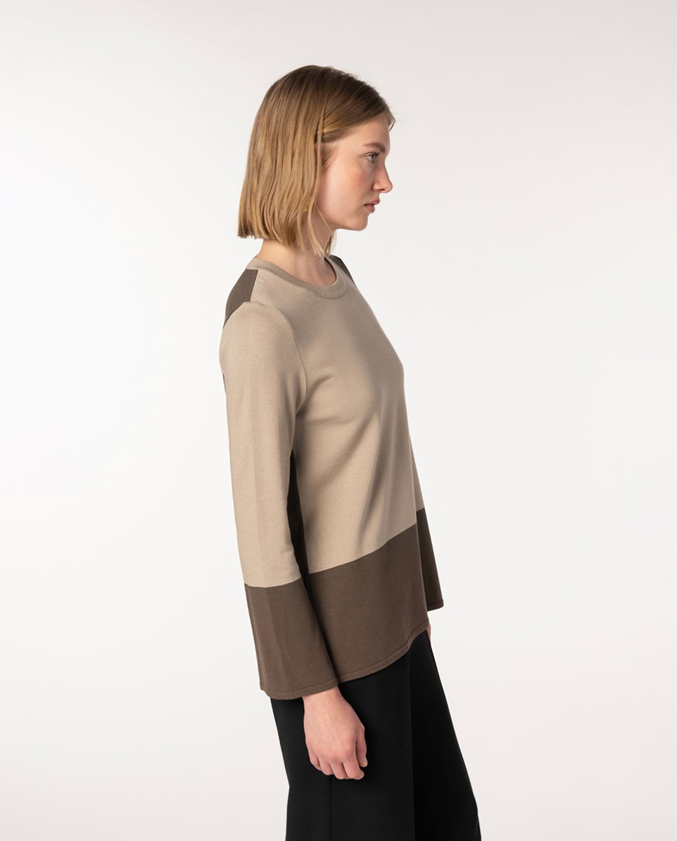 Camisola com Intársia Geométrica e Manga em Forma de Sino Castanho-4