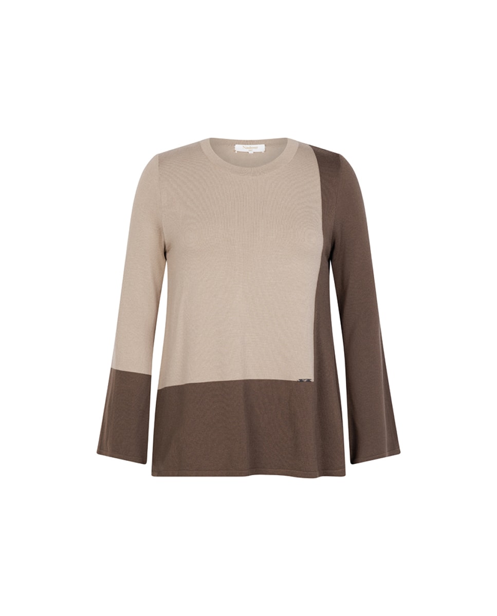 Camisola com Intársia Geométrica e Manga em Forma de Sino Castanho-7