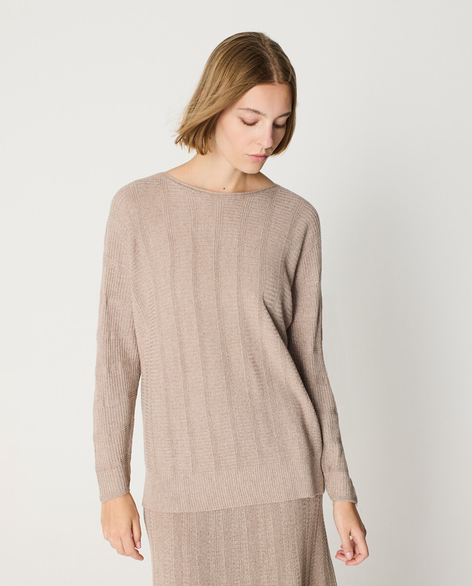 Camisola de Malha com Decote à Barco e Manga Comprida Castanho-1