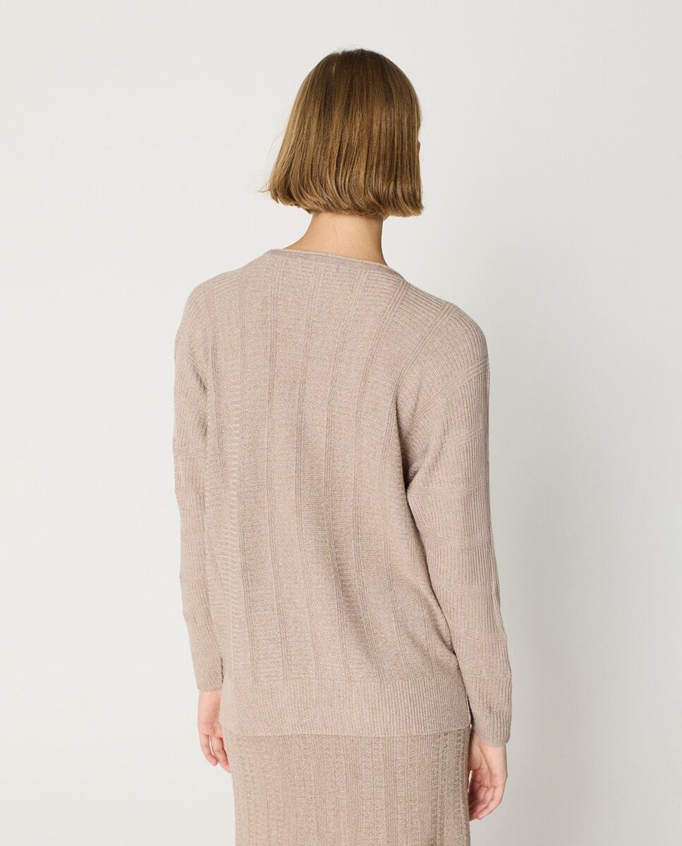 Camisola de Malha com Decote à Barco e Manga Comprida Castanho-2