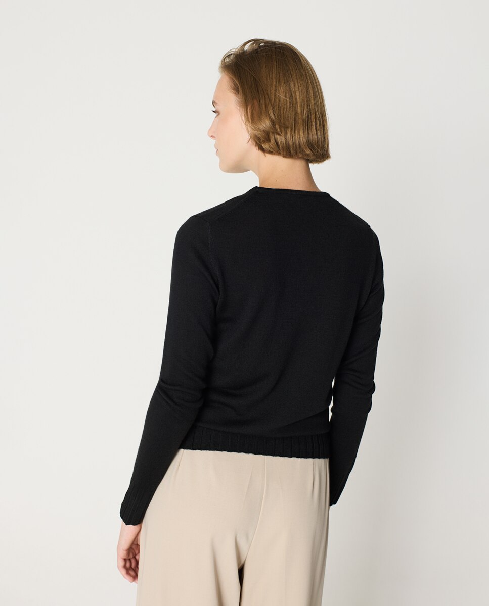 Camisola de Malha Canelada com Decote Redondo e Manga Comprida Preto-2