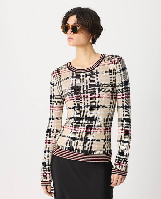 Imagen 0 de Jersey de mujer con cuadros en cuerpo y mangas y contraste de rayas en cuello, puños y bajos