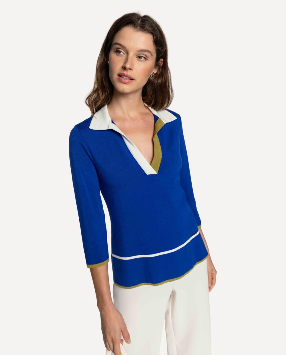 Camisola com Colarinho de Polo e Vivos em Contraste. Azul-índigo-1