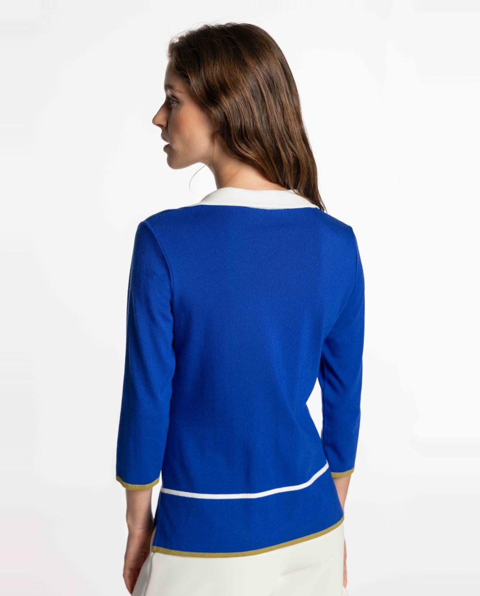 Camisola com Colarinho de Polo e Vivos em Contraste. Azul-índigo-2