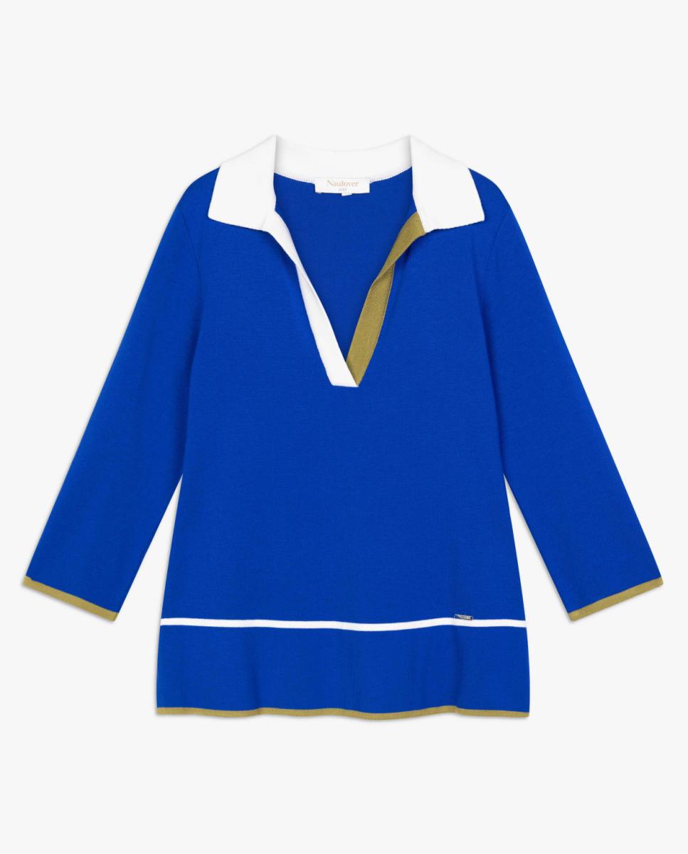 Camisola com Colarinho de Polo e Vivos em Contraste. Azul-índigo-4