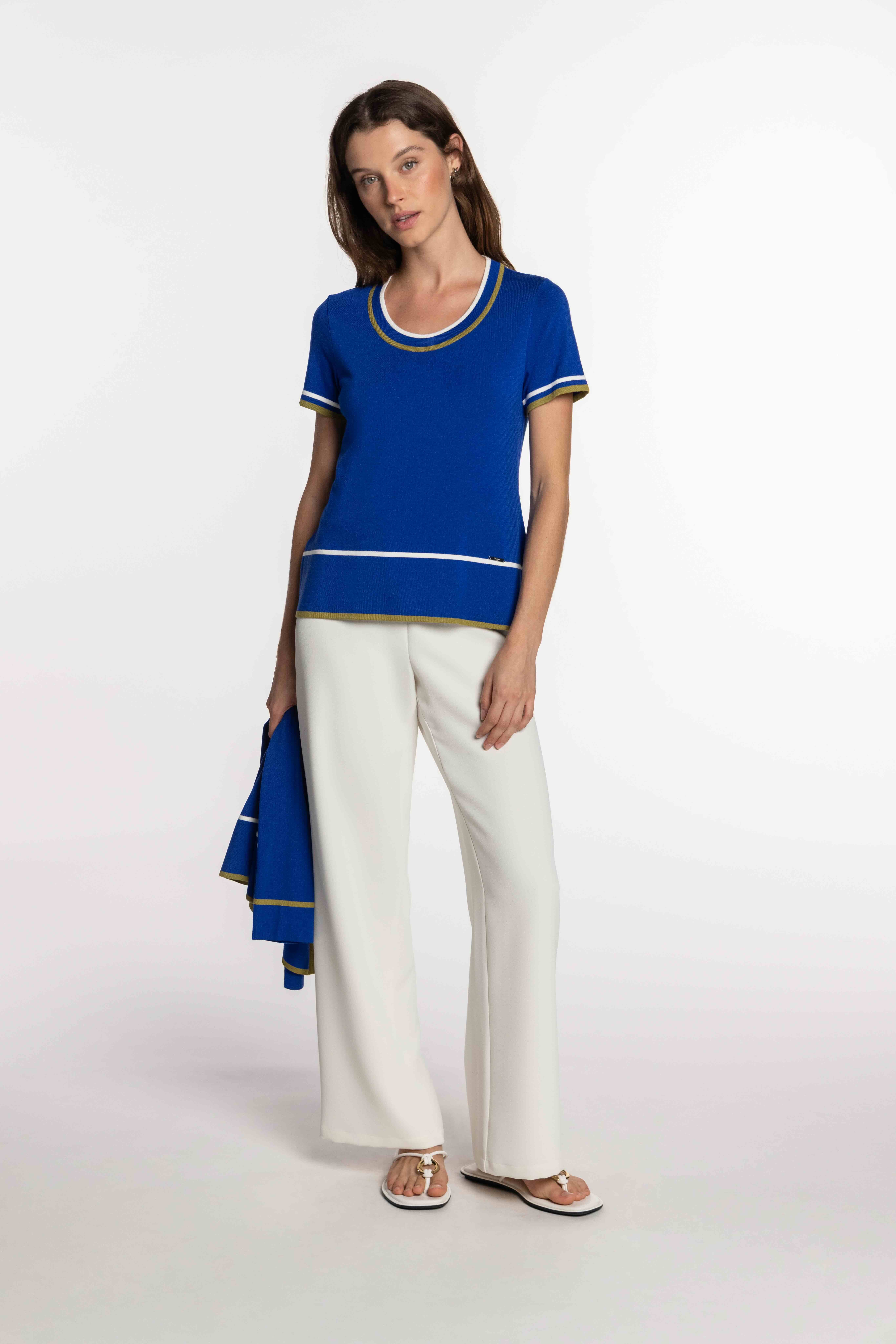Camisola Tricolor com Vivos em Contraste. Azul-índigo-7