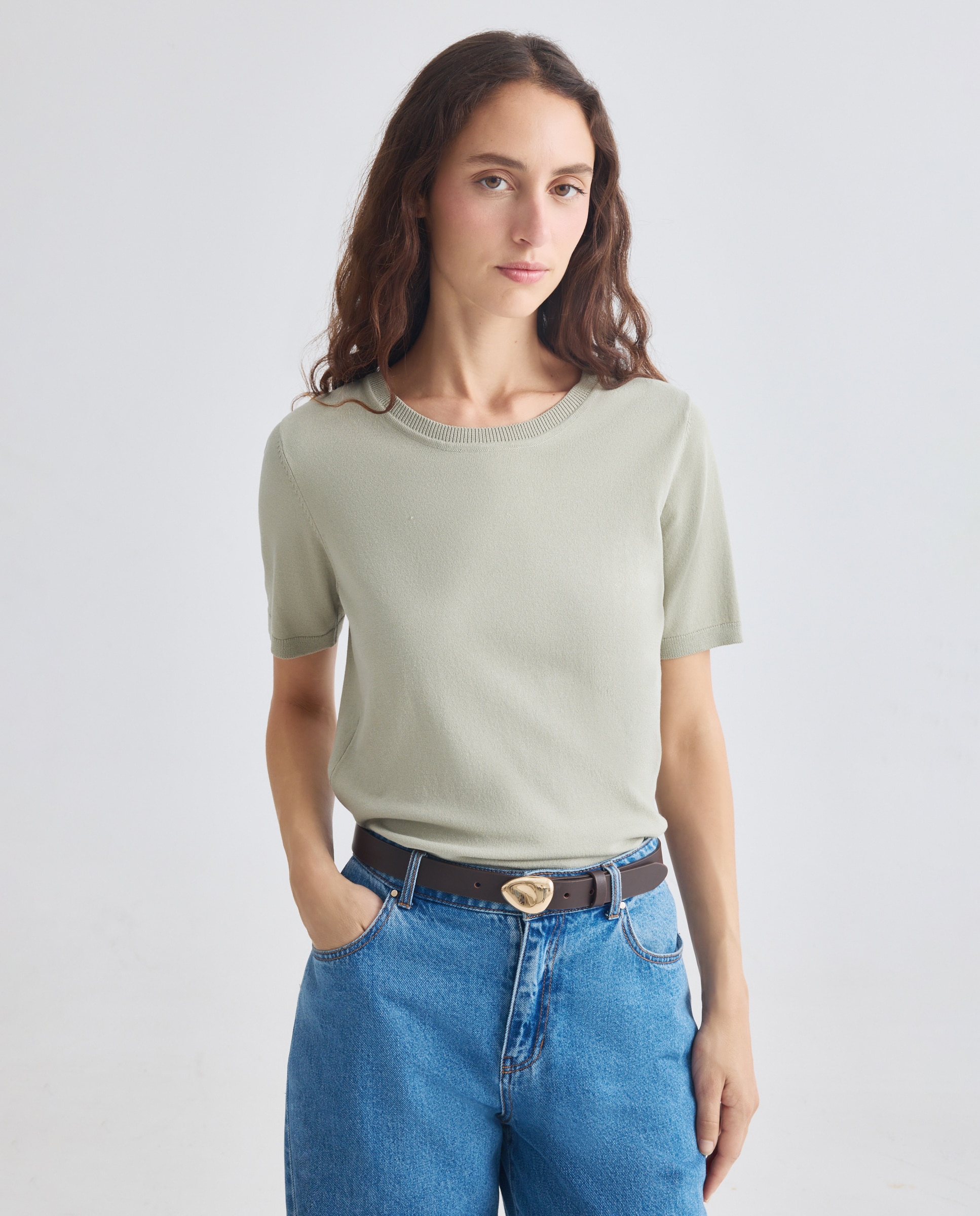 Camisola de malha lisa com manga curta Verde-2