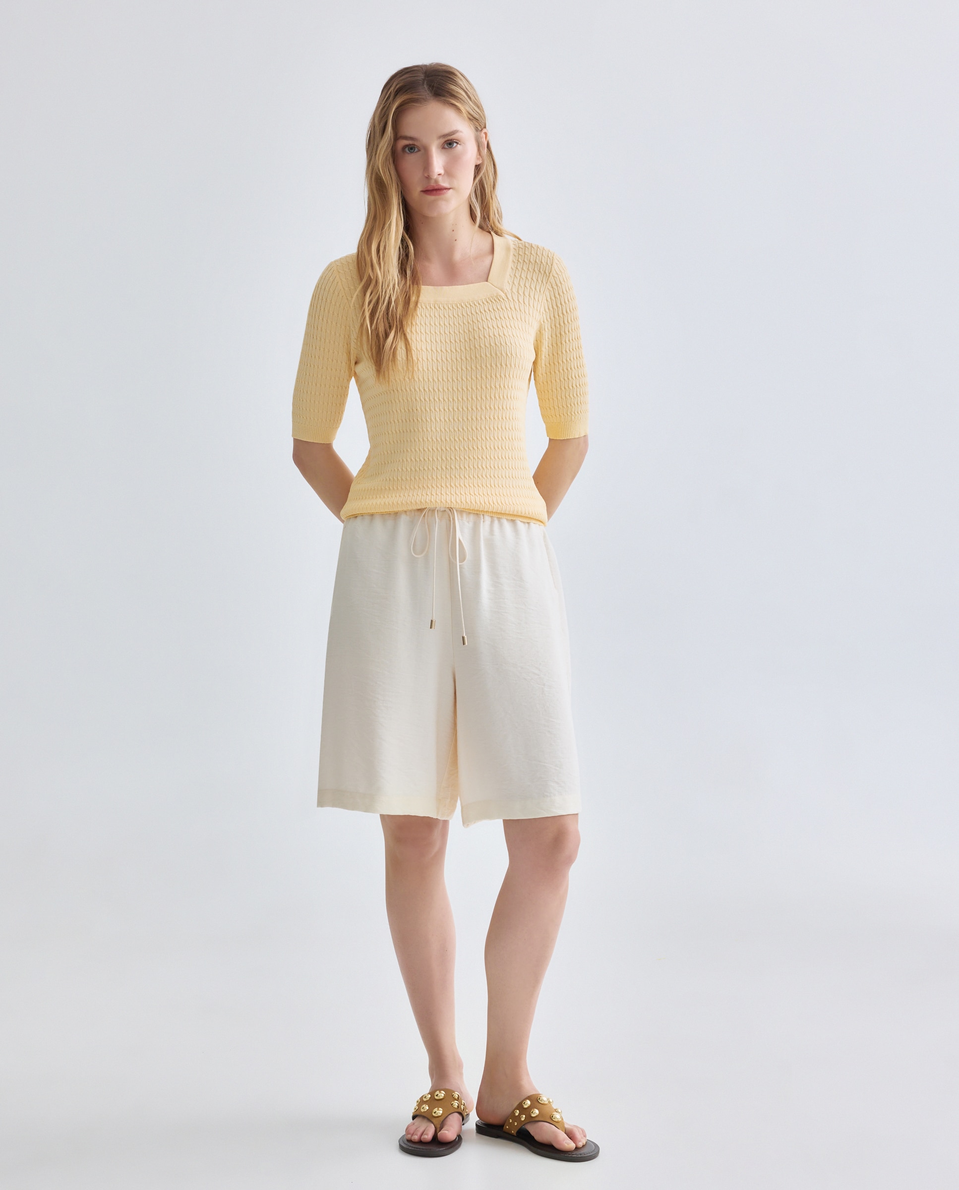 Camisola de malha lisa com manga curta Amarelo-2