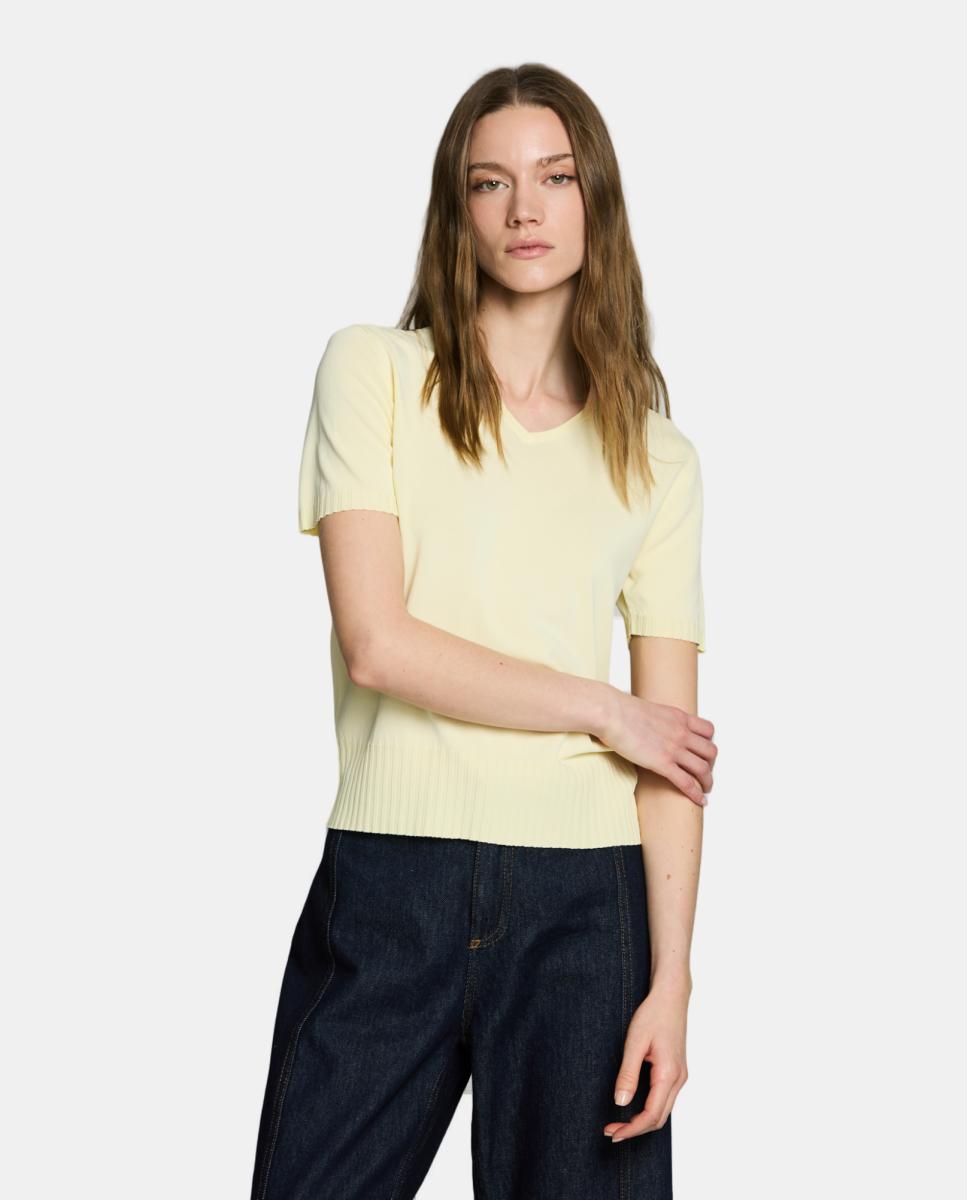 Camisola de Malha com Decote em Bico e Manga Curta Amarelo-1