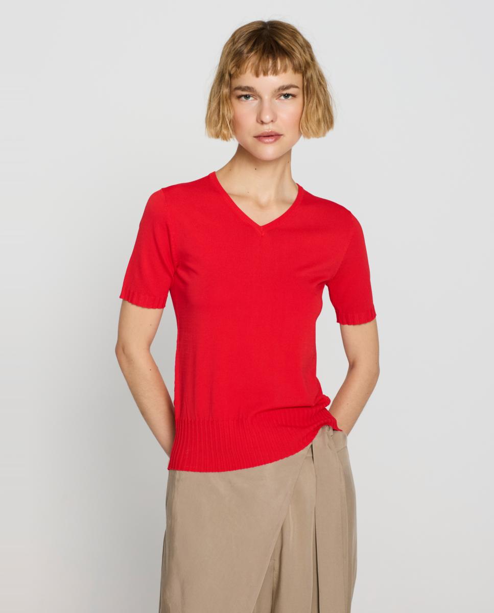 Camisola de Malha com Decote em Bico e Manga Curta Vermelho-1