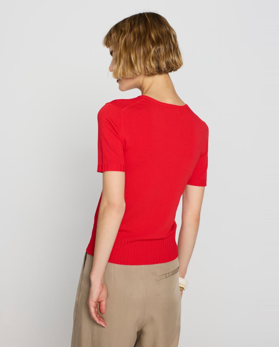 Camisola de Malha com Decote em Bico e Manga Curta Vermelho-2