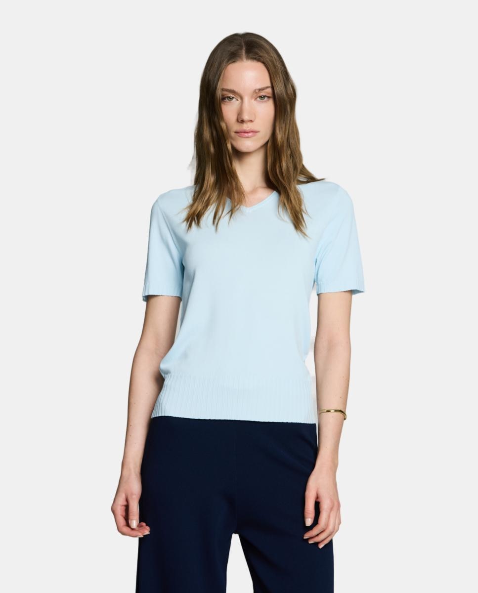 Camisola de Malha com Decote em Bico e Manga Curta Azul-claro-1