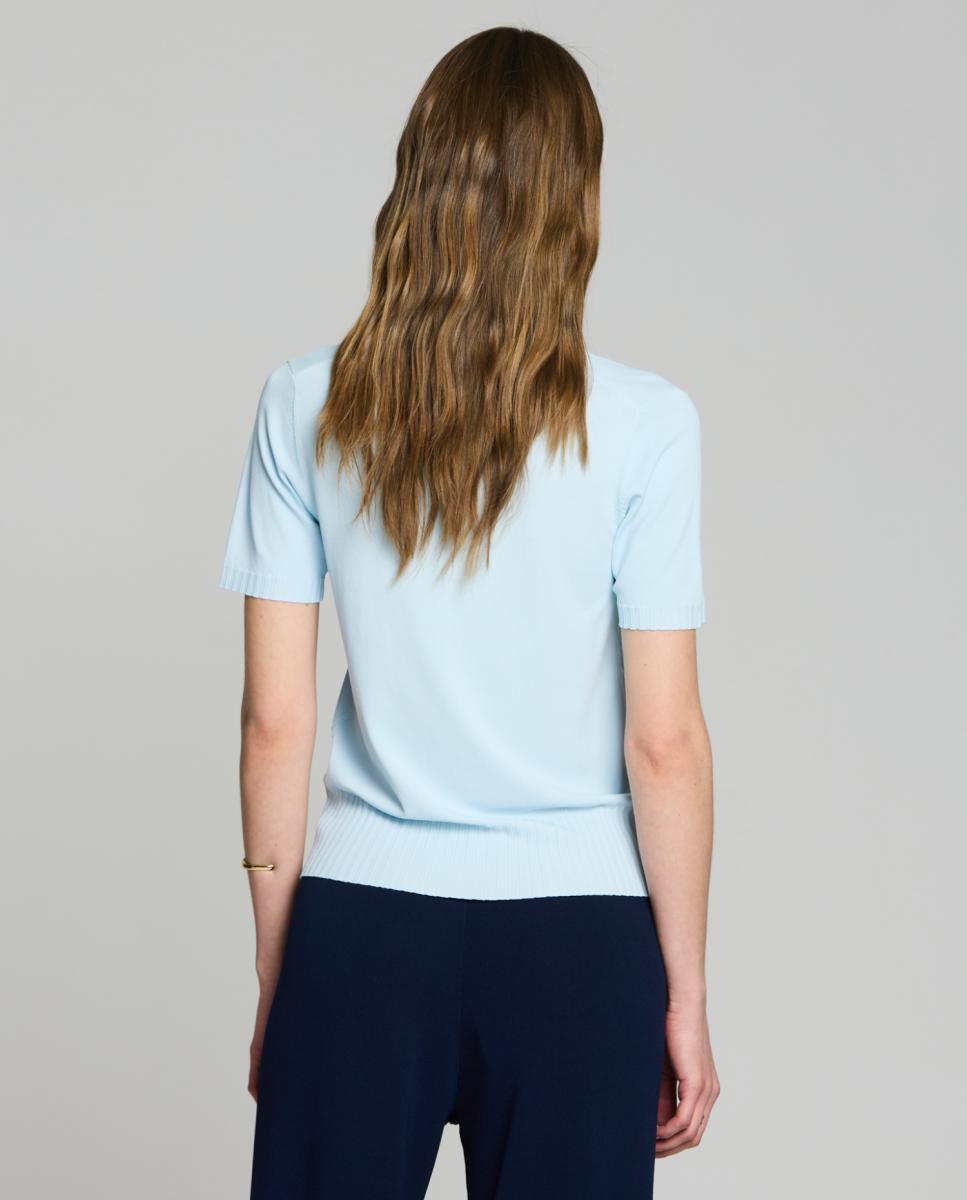 Camisola de Malha com Decote em Bico e Manga Curta Azul-claro-2