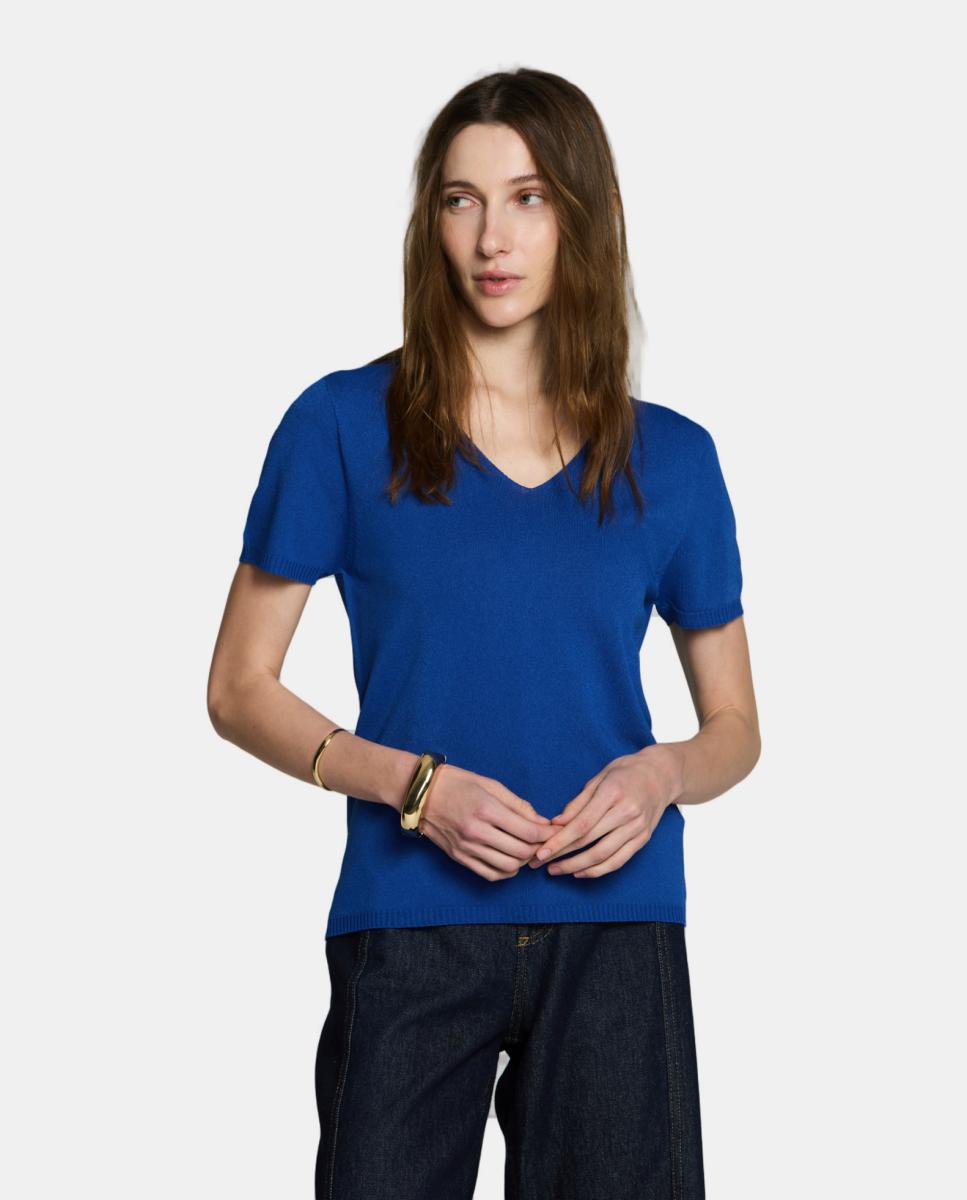 Camisola de malha com decote em bico e manga curta. Azul-índigo-1